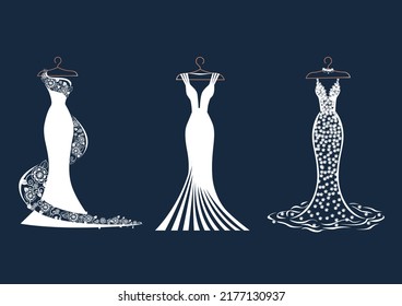 Vector set of lacy wedding dresses on a hanger. Silhouette of a beautiful female outfit. For designing a flyer, poster or advertising in social networks.