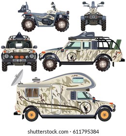 Vektorgrafik von Landfahrzeugen für Camping, Jagen, Reisen und Erholung. Quad, Camper-Auto, Jägerwagen einzeln auf weißem Hintergrund. Flaches Design.