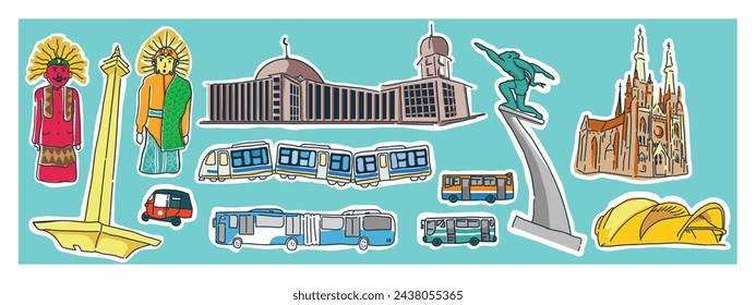 vector set of landmark cities, monuments, and transportation