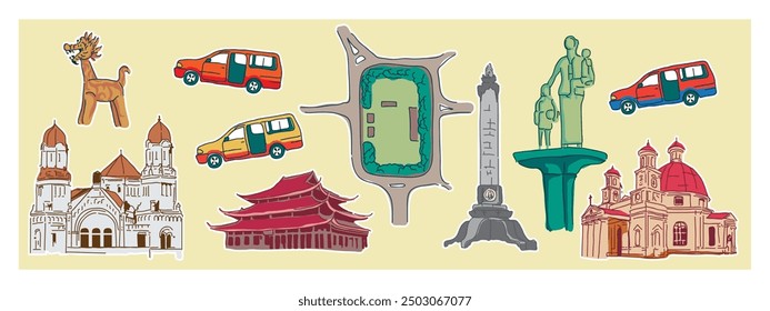 Conjunto de Vector de ciudades Lugar famoso, monumentos y transporte