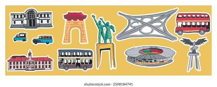 vector set of landmark cities, monuments, and transportation