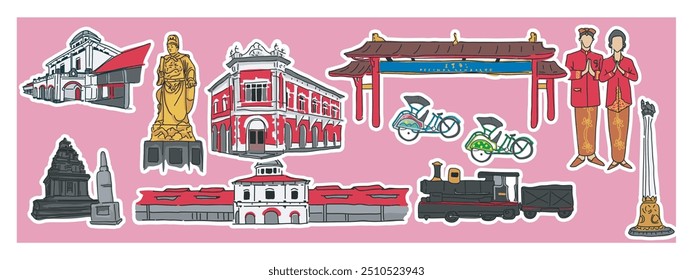 vector set of landmark cities, monuments, and transportation