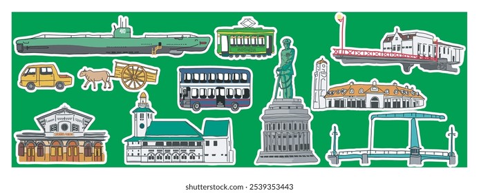 vector set of landmark cities, monuments, and transportation in Surabaya.