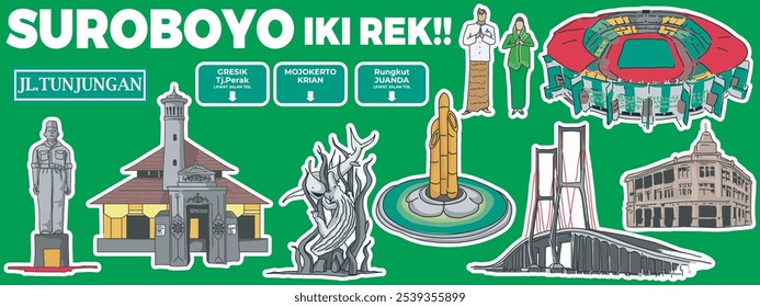 vector set of landmark cities, and monuments of Surabaya City. with caption "This is Surabaya bro!!" and road sign to places in Surabaya City.