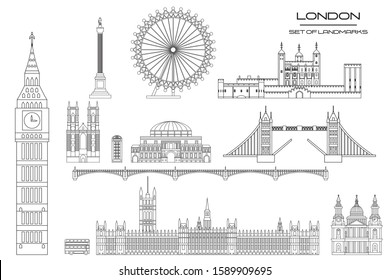 Vector set of  landmarks of London. City Skyline vector Illustration in black and white colors isolated on white background. Set of vector silhouette Illustration of landmarks of London, England. 