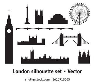 Vector set of  landmarks of London. City Skyline vector illustration in black colors isolated on white background. set of vector silhouette illustration of landmarks of London, England. 