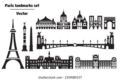 Vector set of  landmarks of Paris. Vector Illustration in black and white colors isolated on white background. Vector silhouette Illustration of different landmarks of Paris, France. 