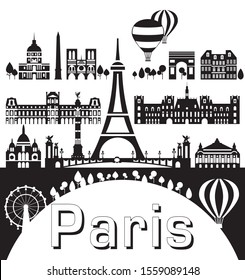 Vector set of  landmarks of Paris. Poster of Paris city skyline,vector Illustration in black and white colors isolated on white background.Vector silhouette Illustration of landmarks of Paris,France.