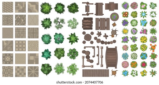 Vector set for landscape design. Outdoor furniture, pavements, architectural elements, trees and flowers. (top view) 