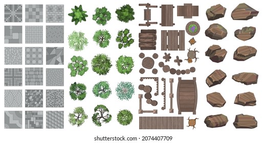 Vector set for landscape design. Outdoor furniture, pavements, architectural elements, trees, stones. (top view) Fences, paths, tile, benches, tables. (view from above)