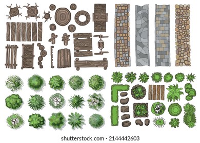 Vector set for landscape design. Outdoor furniture, pavements, architectural elements, trees and plants. (top view) 