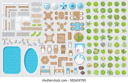 Vector set for landscape design. Outdoor furniture, architectural elements and plants. (top view) Fences, paths, lights, benches, tables, chairs, sun loungers, umbrellas, swings. (view from above)