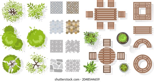 Vector set for landscape design top view. Collection of outdoor wooden furniture, plants, trees, tile. Architectural elements in flat style. Tables, benches, chairs. Isolated vector Illustration.