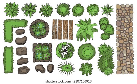 Vector set for landscape design. (top view) Pavements, architectural elements, trees, stones, bushes. (view from above) Hand drawing.