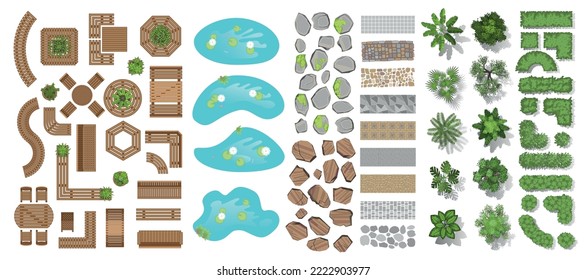 Vector set for landscape design. Top view. Outdoor furniture, ponds, stones, paths, trees, green fences. View from above.