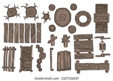 Vector set for landscape design. Wooden elements for the park, garden. Top view. Bridges, paths, fences, furniture, hemp. View from above. Hand drawing.