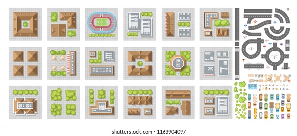 Vector set of landscape elements of the city. Quarters of the city. View from above.
Houses, buildings, road, cars. (Top view) 