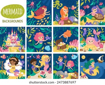 Vector set of landscape illustrations with mermaid. Ocean or sea kingdom scenes collection with marine princess, castle, treasure chest, prince. Cute square fairytale backgrounds for kids
