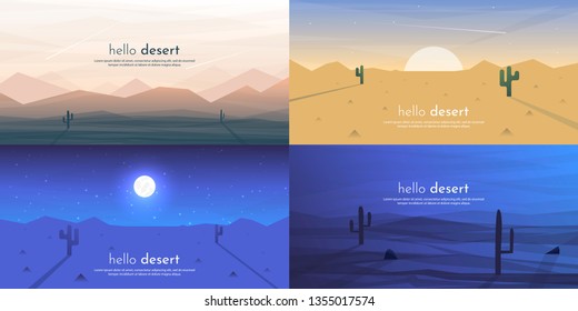 Vector set of landscapes. desert in a flat style. Day and night