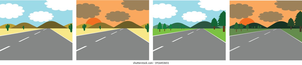 Vector set of landscapes of roads on both sides of the desert and grassland. During the daytime and at sunset It's a simple cartoon. It's frat design. There are four pictures.
