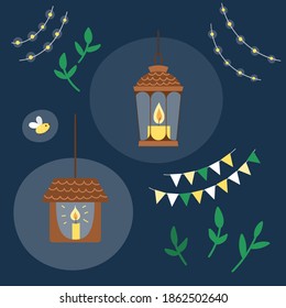 Conjunto vectorial de linternas con velas, guirnaldas, hojas y luciérnagas aisladas sobre fondo blanco. Ilustración divertida de símbolo de año nuevo o iluminación nocturna. Luces de Navidad planas.
