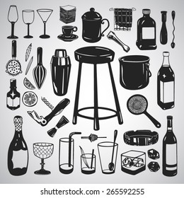 Vector set: Large set of bar equipment and glassware