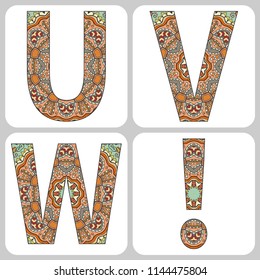Vector set of large capital letters with doodle pattern. Hand drawn floral and geometric ornament. Isolated design elements on white background