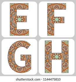 Vector set of large capital letters with doodle pattern. Hand drawn floral and geometric ornament. Isolated design elements on white background