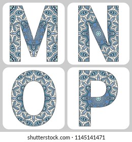 Vector set of large capital letters with doodle pattern. Hand drawn floral and geometric ornament. Isolated design elements on white background