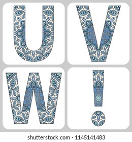 Vector set of large capital letters with doodle pattern. Hand drawn floral and geometric ornament. Isolated design elements on white background