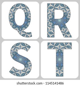 Vector set of large capital letters with doodle pattern. Hand drawn floral and geometric ornament. Isolated design elements on white background