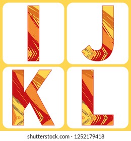Vector set of large capital letters with abstract grunge texture. Digital brush strokes of paint. Isolated design elements on white background. Red and yellow gold colors