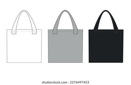 Vector set of large shopping bag templates. Textile large bag white, gray, black, painted on a white background. Mockup bags for advertising goods and services.