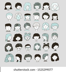 Vector set. A large set of sketched portraits of children.
