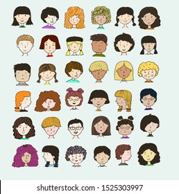 Vector set. A large set of sketched portraits of children.