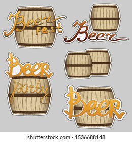 vector set of large wooden barrels brown. calligraphy inscriptions: beer, fest, party