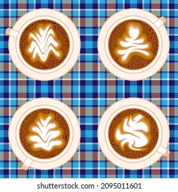 Vector set of latte art. Four coffee cups with saucers of beige and white, top view, on blue checkered tartan background. Seamless pattern 