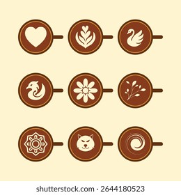 Vector set of latte art icons in coffee cups, featuring heart, cat, swan, floral, and mandala designs. Flat minimalist style with warm brown palette. Ideal for café branding and menus.