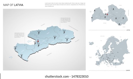 Vector set of Latvia country.  Isometric 3d map, Latvia map, Europe map - with region, state names and city names. 