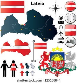 Vector set of Latvia country shape with flags, buttons and icons isolated on white background