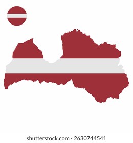 Vector set of Latvia high detailed map flag and national flag round badge isolated on white background.