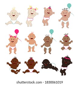 Vector set of laughing and having fun multinational babies isolated on white background. Lots of funny toddler boys and  toddler girls with different skin, hair and eye colors