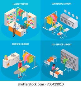 Vector set of laundry concepts. Laundry service, commercial, domestic and self-service laundry isometric templates for posters, banners, flyers.