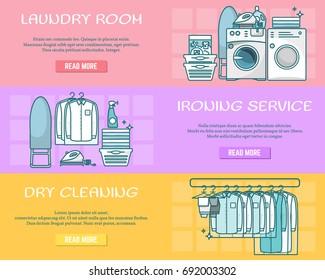 Vector set of laundry horizontal banners. Laundry room, Ironing service and Dry cleaning creative linear style design elements for web sites, web banners and printed materials.