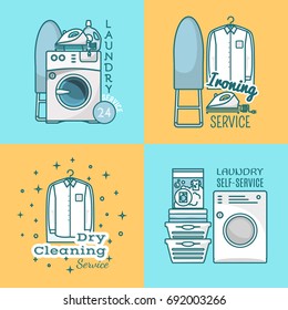 Vector set of laundry labels. Around the clock laundry service, ironing and dry cleaning services, laundry self-service typography linear design elements, badges, logos, emblems.