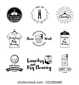 vector set of laundry labels, emblems and design elements. laundry set washing machine, t-shirt, basket with dirty clothes, dry cleaning, hanger, iron, laundry room, washer