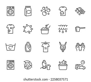 Vector set of laundry line icons. Contains icons washing machine, detergent, dryer, gently washing, soap bubbles, wring, clothespin, ironing and more. Pixel perfect.