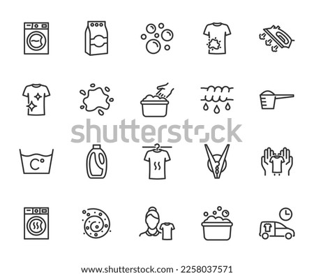 Vector set of laundry line icons. Contains icons washing machine, detergent, dryer, gently washing, soap bubbles, wring, clothespin, ironing and more. Pixel perfect.