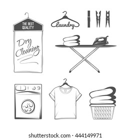 vector set of laundry logos, emblems and design elements. laundry set: washing machine, t-shirt, basket with dirty clothes, dry cleaning, hanger, iron, laundry room, washer. 