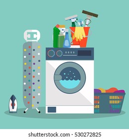 Vector set of laundry,cleaning, clothes washing and ironing banners